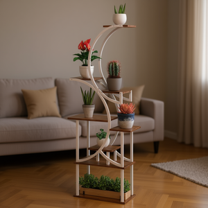 Soporte moderno para flores de madera de 5 niveles con diseño curvo, estante independiente para exhibir plantas, para la decoración del hogar y la sala de estar. - Product Image 2