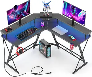Gaming Desk mit LED-Leuchten und Steckdose L-förmiger Computer-Eck schreibtisch