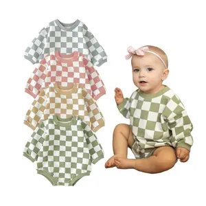 2023 French Terry Fashion Print Checkered Grid Cute Autumn Winter Oversized Baby Bubble Rompers Clothing