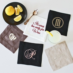 15*15cm <b>Bar</b> Wine <b>Mat</b> French Pure Organic Flax Fabric Hemistitch Embroidered Pattern Linen Cocktail Napkin with Monogram - Product Image 1