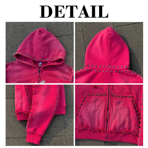 Sudadera con capucha unisex rosa 100% algodón con parche de letras bordado, pedrería, cremallera, remaches y lavado ácido estilo retro - Product Image 6