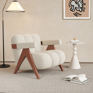 Moderno salón Hotel nórdico Boucle Accent sofá silla diseñador sillón roble nogal madera de Fresno cuero sillón - Product Image 2