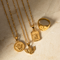 J & D personalizado 18K chapado en oro de acero inoxidable Vintage cadena collar Ángel colgante collar y anillos conjuntos