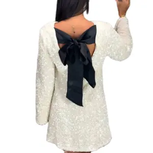 Channel 4 Colors Holiday Women's Clothing Sequin Long Sleeve Back Bow Tie Mini Dress Party