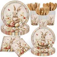 Ensemble de vaisselle jetable pour fête de Pâques, design rétro pastoral avec lapin et œufs colorés, assiettes en papier, serviettes