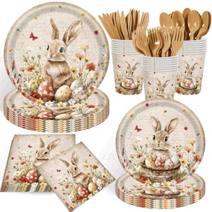 Platos y Servilletas de Papel con Diseño de <span class=keywords><strong>Huevos</strong></span> Coloridos de Conejo Estilo Pastoral Retro, Juego de Artículos Desechables para Fiesta de Pascua - Product Image 1