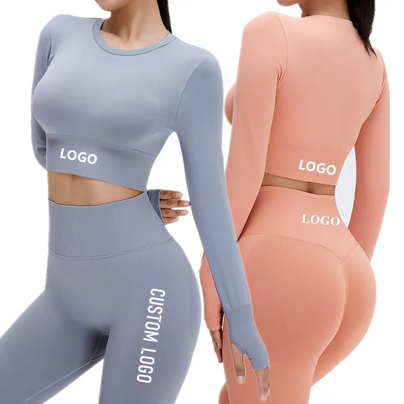 Autumn Seamless Yoga Suit Fitness Sports 2 Piece Set Women Long Sleeve Crop Top Gym Leggings Workout Sportswear Custom Logo