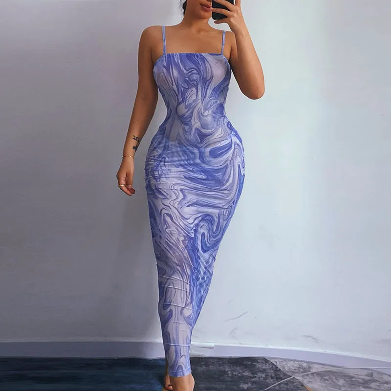Women Fashion Summer Sleeveless Bodycon Printed Mesh See Through Pencil Dress Sundress 2021 Female Clothing Streetwear
