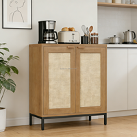 Buffet en bois moderne avec portes décorées en chêne et rotin, étagères réglables, meuble de rangement, bar à café, armoire de cuisine