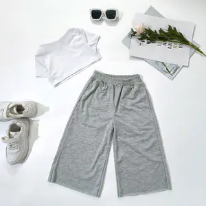 2022新款时尚夏季短袖纯色白色t恤衬衫口袋灰色宽松裤子两件套儿童休闲服装