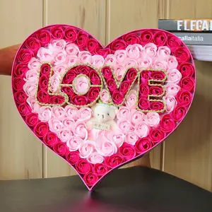 Valentine's Customised Tin Roses Flowers Teddy Bear For Valentines Day Artificial Eternal Soap Rose In Heart Shape Box