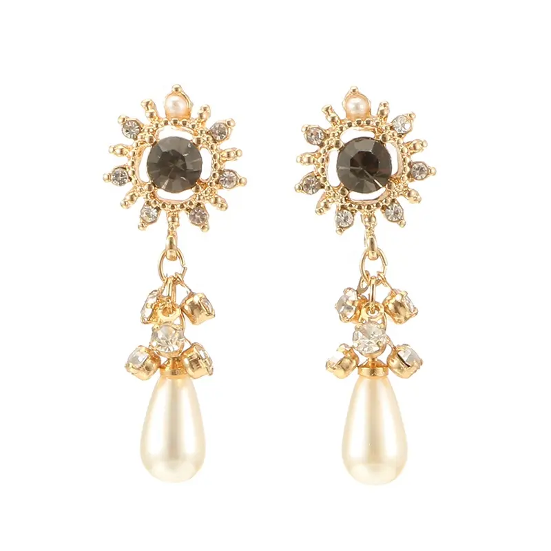 YD-9135 vintage gold drop earrings black cat eye gem rhinestone pearl earring bridal teardrop fashion earrings jewelry for women
