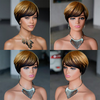 Perruque Courte Noire Coupe Pixie pour Femme, Perruque sans Colle Entièrement Faite à la Machine avec Frange, Cheveux Humains, Livraison Rapide