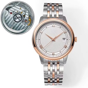 Reloj de pulsera de lujo personalizado en oro rosa de dos tonos con esfera de seda blanca, acero 316L, fecha, números romanos, movimiento automático mecánico para hombre de negocios. - Product Image 2