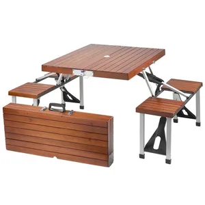 Modern Portable Wood Aluminium Frame Umbrella Picnic Folding Table And Chair Combination Set Garden Dining Outdoor Tables