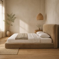 Lit minimaliste rembourré en velours, lit double simple avec plateforme, lit souple en mousse compressée