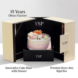 กล่องเค้กแบบ<span class=keywords><strong>พ</strong></span>ับได้สองประตู YSP Custom Luxury <span class=keywords><strong>พ</strong></span>ร้อมลิ้นชักซ่อน วัสดุกระดาษลายขวางแข็งแรง สำหรับ<span class=keywords><strong>เค้ก</strong></span>แต่งงานระดับไฮเอนด์ - Product Image 1