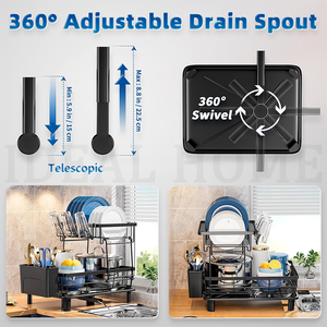 Égouttoir à vaisselle à 2 niveaux en acier au carbone gris personnalisé avec égouttoir automatique pour évier de cuisine avec porte-couteaux, porte-fourchettes et porte-gobelets - Product Image 5