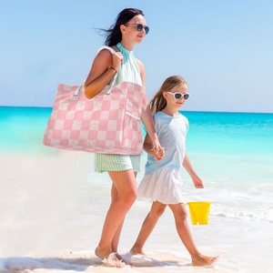 Sac de plage pour femme personnalisé à carreaux roses, grande capacité, avec poignée en corde naturelle, sacs de plage pour les vacances d'été et les voyages - Product Image 6
