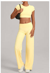 Completo Sportivo Traspirante con Maniche Corte e <span class=keywords><strong>Pantaloni</strong></span> Dritti, Abbigliamento Attivo Effetto Nudo, Set Yoga - Product Image 4