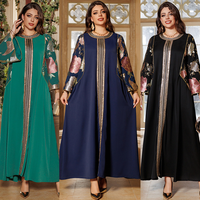 Robe longue musulmane élégante et respirante en tissu léger avec bordure dorée, broderie florale à sequins, manches longues, taille plus, pour femmes