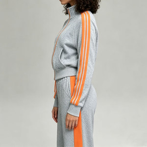 Damen 2-Teiliges Trainingsanzug-Set Reißverschluss-Hochkragen-Langarmshirt & Weite Hose mit Orangen Streifen Zopfmuster Lässige Sportbekleidung - Product Image 2