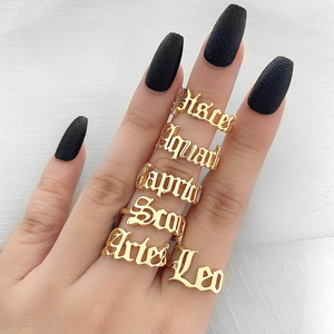 Bague ouverte réglable en plaqué or 18 carats personnalisée Bague pour femme 12 signes du zodiaque Bague pour <span class=keywords><strong>horoscope</strong></span> étanche avec lettres anglaises anciennes - Product Image 2