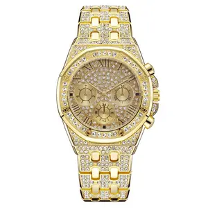 Модные мужские часы со стальным браслетом и бриллиантами, кварцевые часы с тремя римскими цифрами и бриллиантами, желтое золото