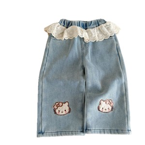 Tongxingyuan Girls Denim <b>Pants</b> With Lace Trim Fleece <b>Lined</b> Wide Leg Baby Girl Winter <b>Pants</b> - Product Image 5