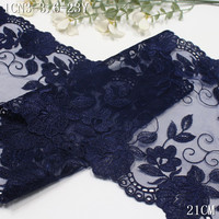 Dentelle brodée en tulle doux bleu marine de 21 cm avec bordure en maille pour la fabrication de lingerie haut de gamme, sous-vêtements et culottes