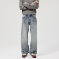 Jean en denim délavé pour homme, bleu clair, coupe ample, jambe large, taille mi-haute, décontracté, style streetwear