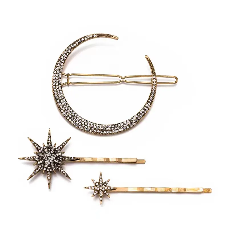 Q & Y 3/Set Premium Retro Blonde Metal Gold Hair Bobby Pins strass jeweled Moon Snowflake Stars Snow Flake Hair Clip Set