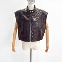 Veste en cuir courte marron foncé pour femme, col montant, poches zippées, gilet en cuir marron foncé, vente directe d'usine