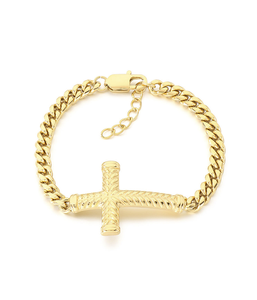 Bracelet croix texturé plaqué or 18 carats en acier inoxydable 316L hypoallergénique avec chaîne gourmette et extension réglable pour homme - Product Image 1