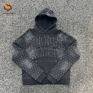 Custom Streetwear High Quality <b>Rhinestone</b> <b>Hoodie</b> Heavyweight Cotton Distress Letter Patch Vintage Oversized Washed Men's <b>Hoodie</b> - Product Image 4