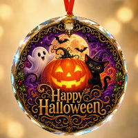 Adorno Redondo de Cristal de 8x8cm con Lanyard Rojo, Impresión UV, Decoración Colgante de Calabaza y Fantasma de Halloween, Venta al por Mayor OEM