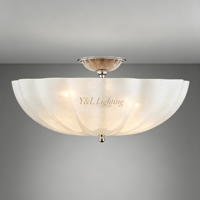 Plafonnier semi-encastré LED en verre givré à nervures ondulées, finition or brossé, design vintage, large abat-jour, faisceau 360°, pour salon et hall d'entrée