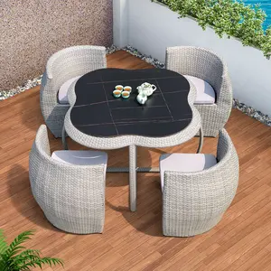 Outdoor Gardens Waterproof and Sunscreen Iron Art Rock Tablets Dining Table Combination Vine Chair Combination