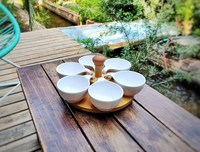 Plateau tournant rond pour servir les aliments, 5 bols en céramique blanche pour chips et trempette, plateau tournant en bois avec bol à condiments
