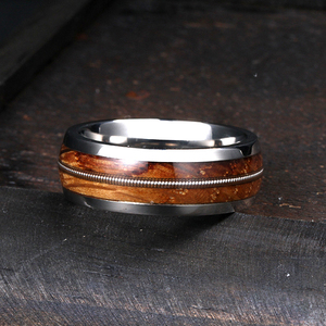 Customized Titanium Whiskey Wood Ring 8mm Musician Guitar String Ring Domed Titanium Steel Mens Wedding Bands