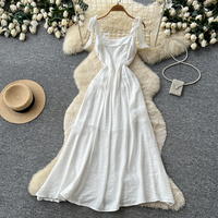 Ensemble robe longue d'été élégante pour femme avec manches lanternes, patchwork en dentelle et taille cintrée superposée