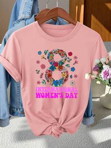 T-shirt elegante da donna girocollo a maniche corte con stampa floreale per la Giornata Internazionale della Donna, top primavera estate autunno vestibilità regolare - Product Image 3