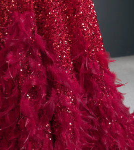ClassicalParty Dress With <strong>Red</strong> <strong>Sequins</strong> Long Sleeve Feather Bead A-Line Lady Evening Dress 2022 - Product Image 6