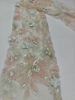 Tissu en maille polyester robuste, tricoté à la main, avec broderie florale perlée et passepoil, orné de dentelle et de paillettes, pour robes de soirée