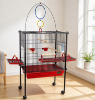 Cage de transport pour perroquets, design triplex, métal, rectangulaire, noir/rouge