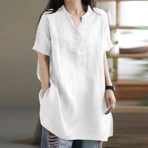 Plus Size Women's Loose V-Neck Short Sleeve Solid Color T-Shirt Navy Blue Polyester Woven Shirt Spring Summer Wear - Product Image 4