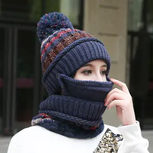 Sombrero tejido con pompón térmico de acrílico para mujer, conjunto de gorros y bufanda de invierno, 100%