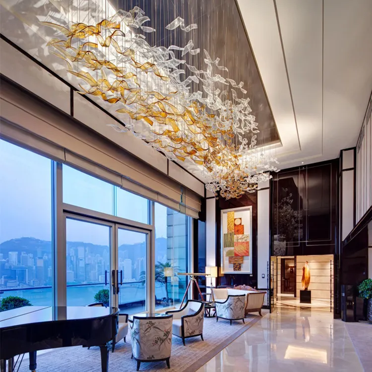 Özel el yapımı çay renk cam bambu yaprak büyük avize yüksek tavan lobi için otel & ziyafet salonu avize