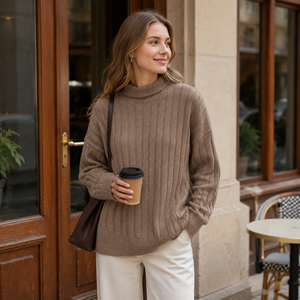 Robe midi minimaliste en maille torsadée verticale, couleur unie café abricot, col montant roulé, manches longues, respirante, épaisseur standard - Product Image 3