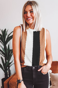 2025 <strong>Wholesale</strong> Chic Clothes Customized Women Summer Sleeveless Khaki Stripe Color Block Sleeveless Knitted <strong>Sweater</strong> - Product Image 2